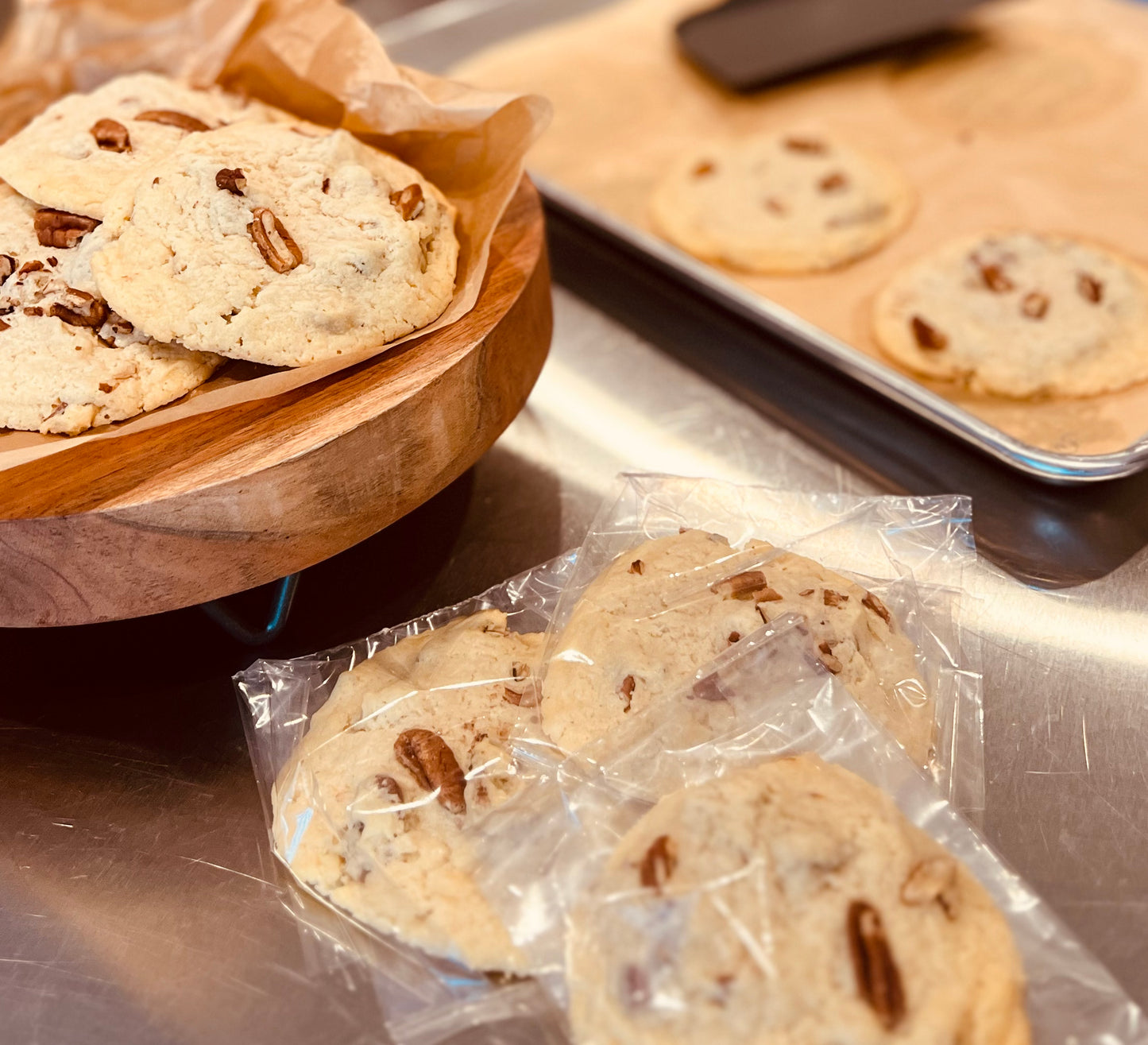 Cream cheese with pecan cookies individually wrapped.  Also displayed on trivet and cookie sheet.